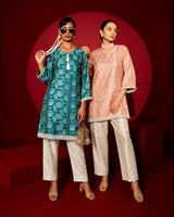 Tasuvure X MW Banarasi Begum Tunic Set - peach and white