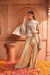 Tasuvure X MW  Divine Embroidered Cape With Lace Dori Sharara - Nude