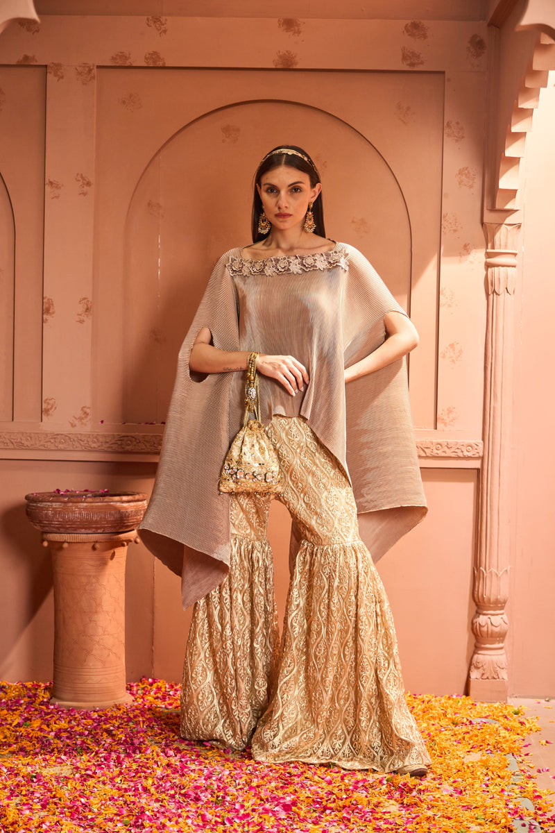 Tasuvure X MW  Divine Embroidered Cape With Lace Dori Sharara - Nude