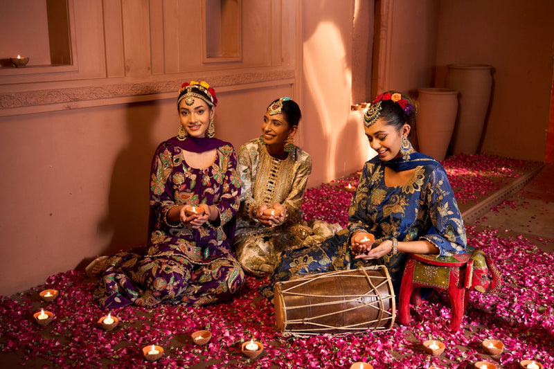 Tasuvure X MW  Elizey Paisley Embroidered Sharara Set with Chunni - Ink Blue