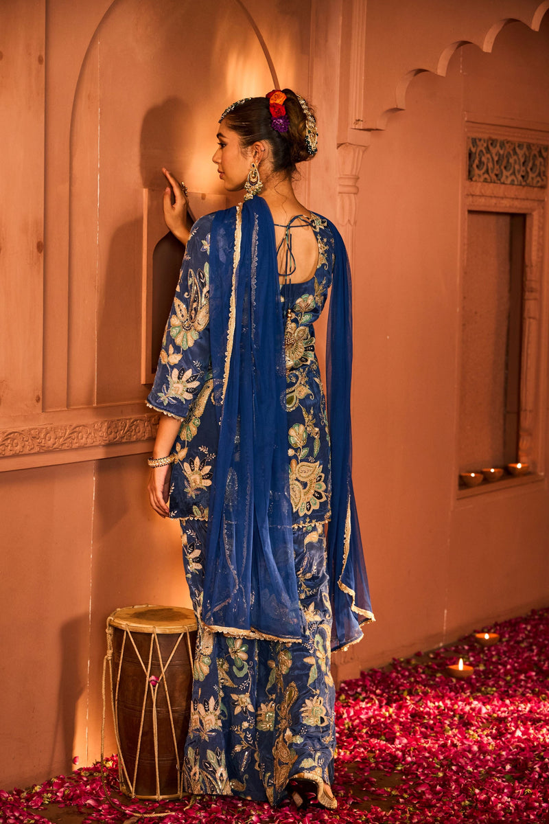 Tasuvure X MW  Elizey Paisley Embroidered Sharara Set with Chunni - Ink Blue