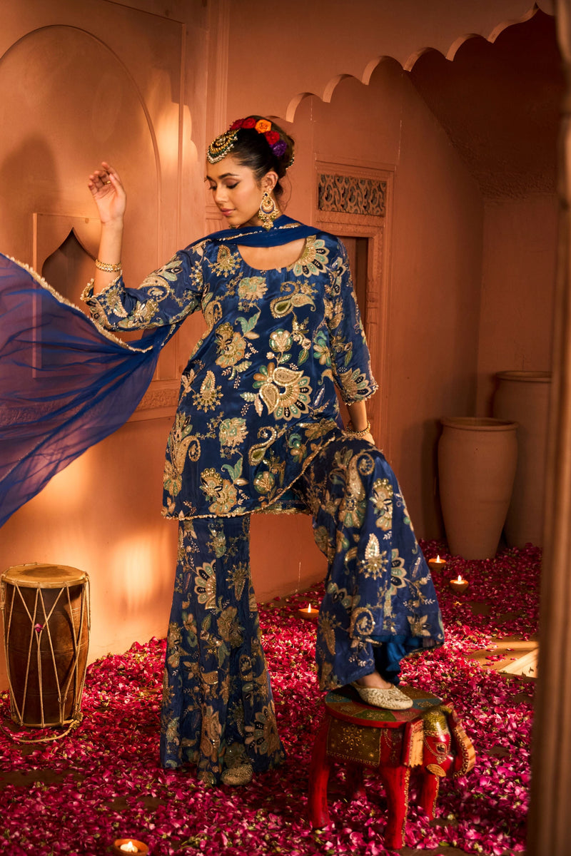 Tasuvure X MW  Elizey Paisley Embroidered Sharara Set with Chunni - Ink Blue