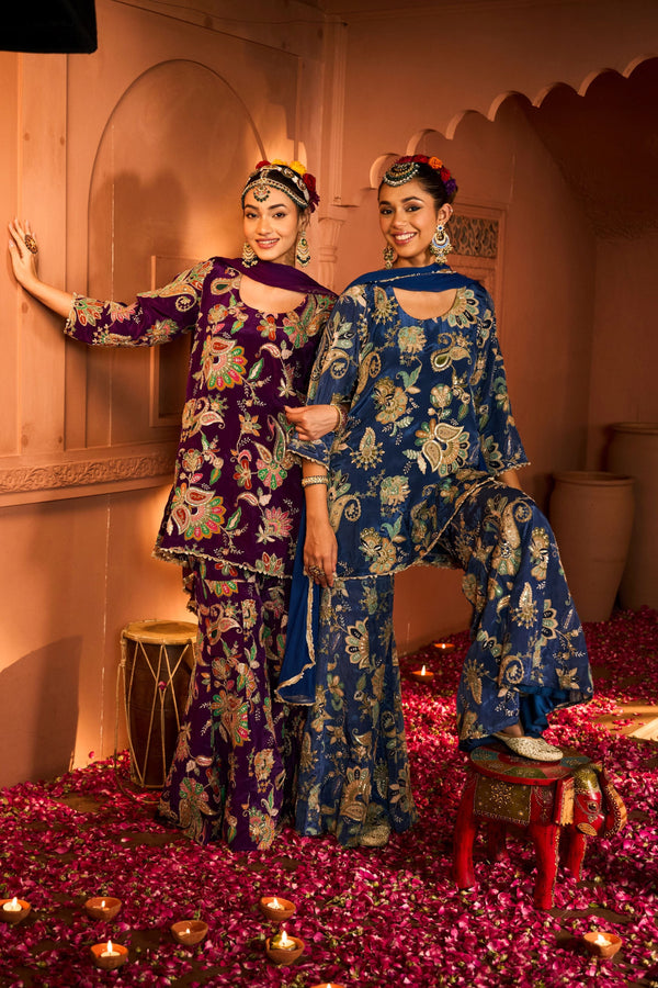 Tasuvure X MW  Elizey Paisley Embroidered Sharara Set with Chunni - Ink Blue