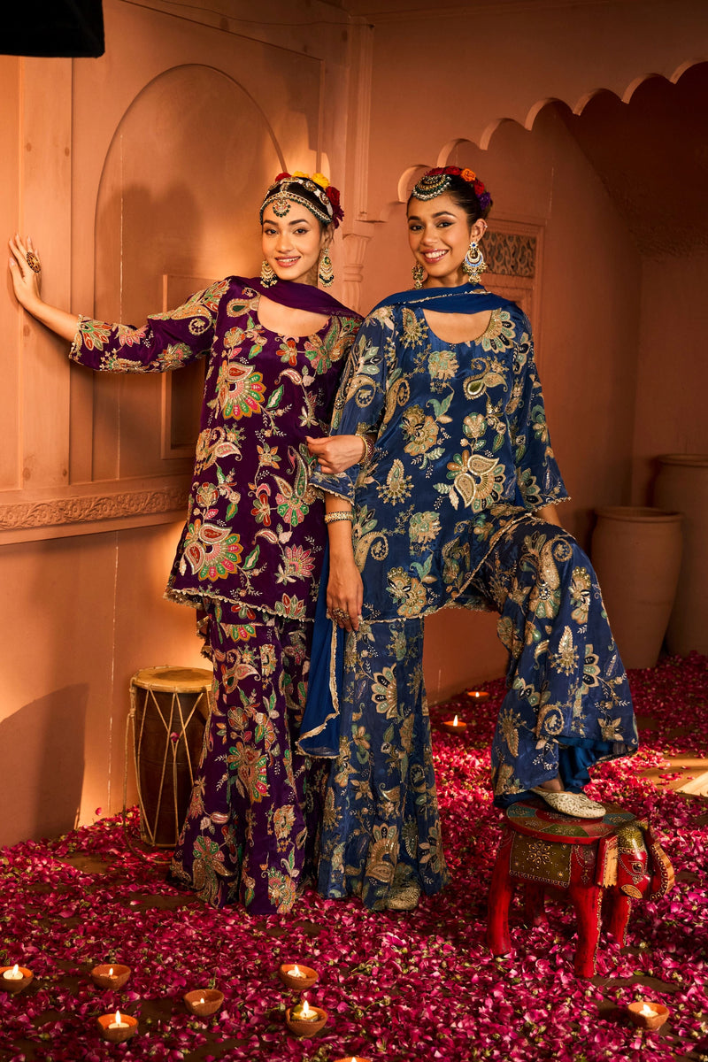 Tasuvure X MW  Elizey Paisley Embroidered Sharara Set with Chunni - Ink Blue