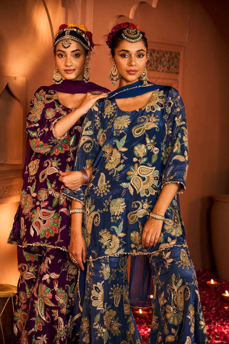 Tasuvure X MW  Elizey Paisley Embroidered Sharara Set with Chunni - Ink Blue