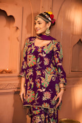 Tasuvure X MW  Elizey Paisley Embroidered Sharara Set with Chunni - Purple