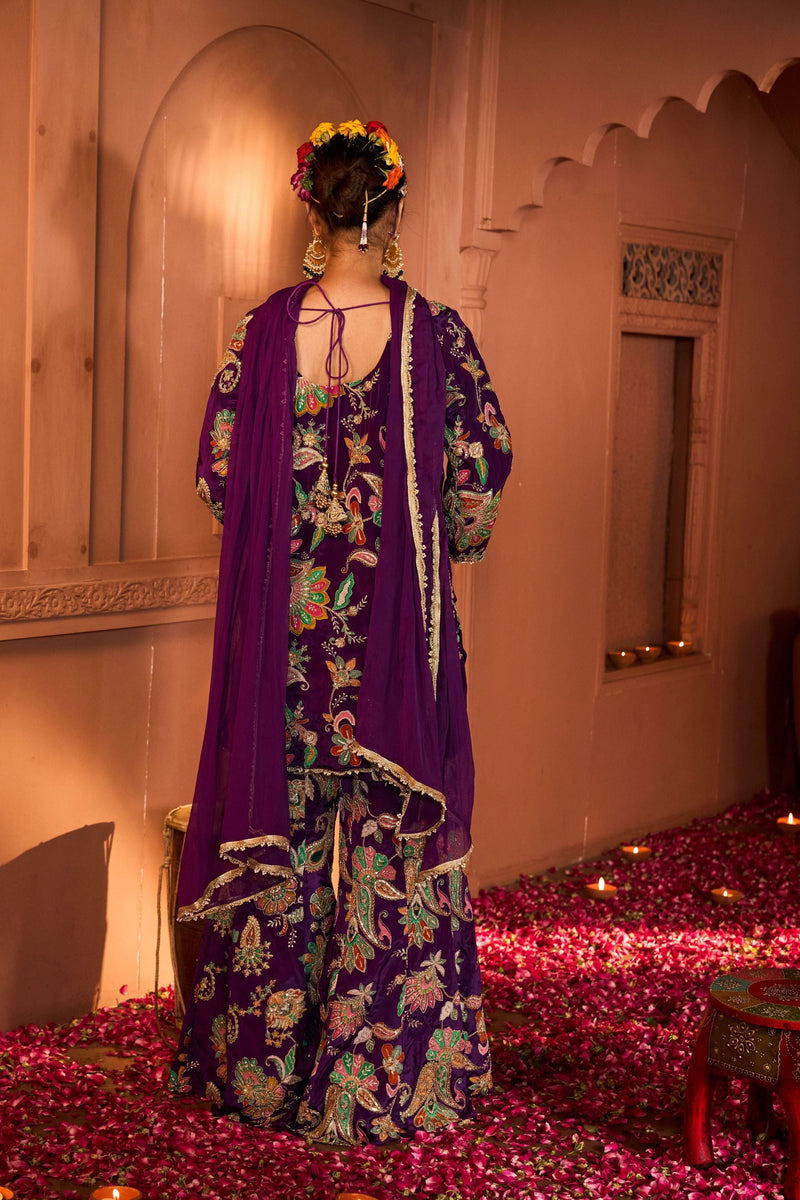 Tasuvure X MW  Elizey Paisley Embroidered Sharara Set with Chunni - Purple