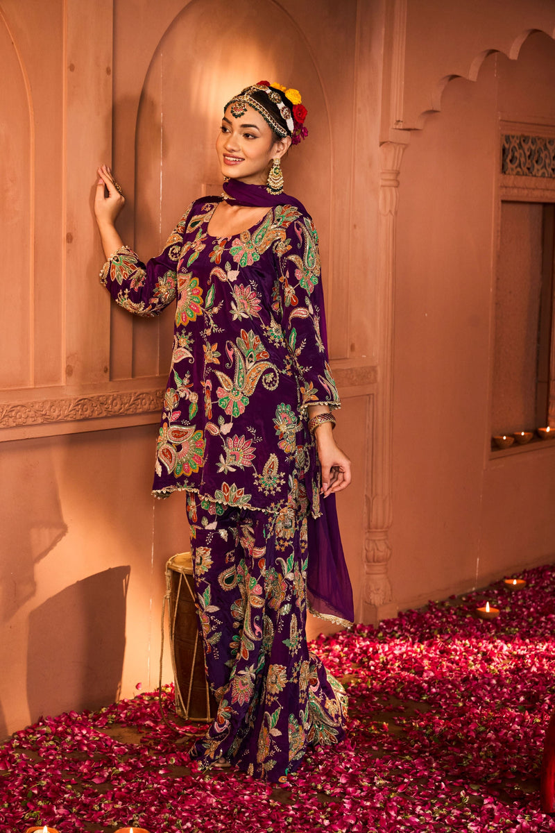 Tasuvure X MW  Elizey Paisley Embroidered Sharara Set with Chunni - Purple