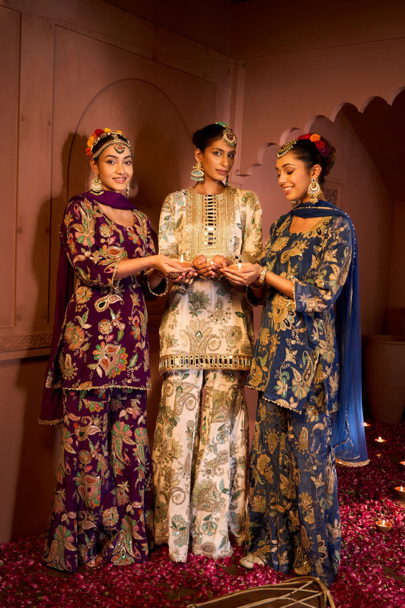 Tasuvure X MW  Elizey Paisley Embroidered Sharara Set with Chunni - White Green