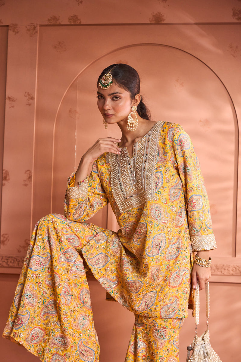 Tasuvure X MW  Elizey Paisley Embroidered Sharara Set - Yellow