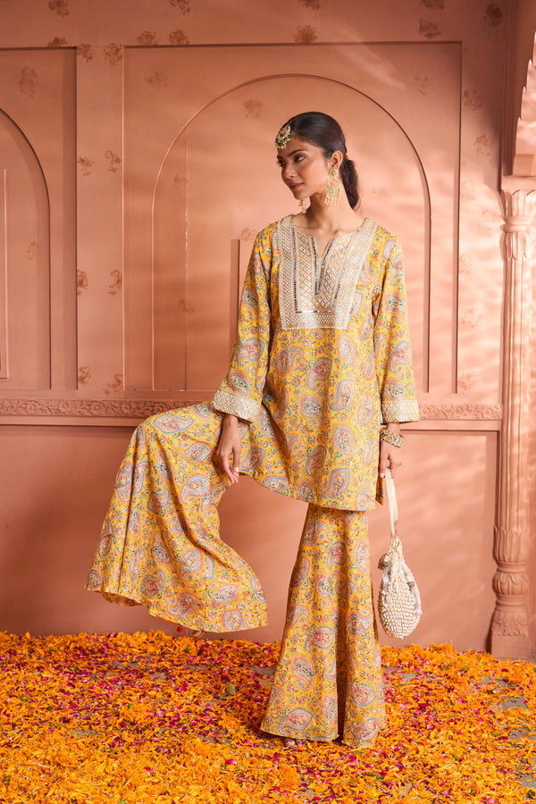 Tasuvure X MW  Elizey Paisley Embroidered Sharara Set - Yellow