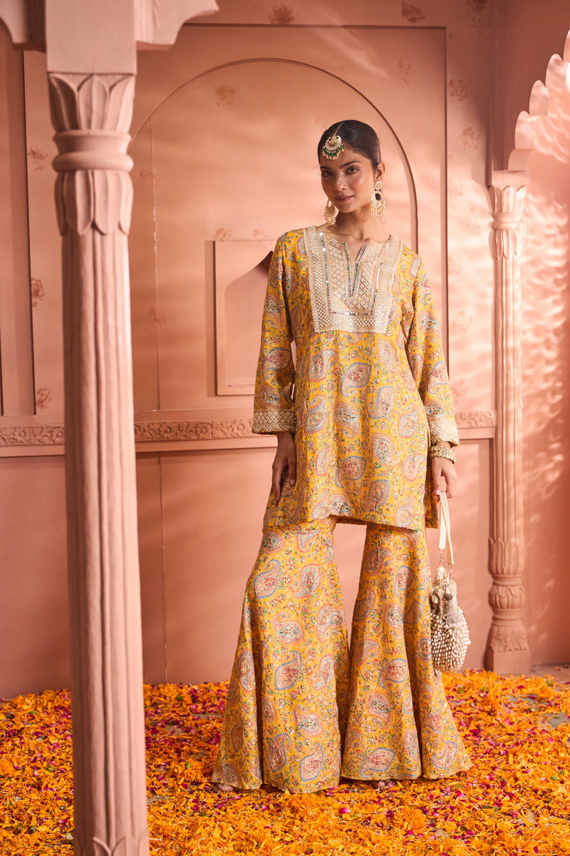 Tasuvure X MW  Elizey Paisley Embroidered Sharara Set - Yellow