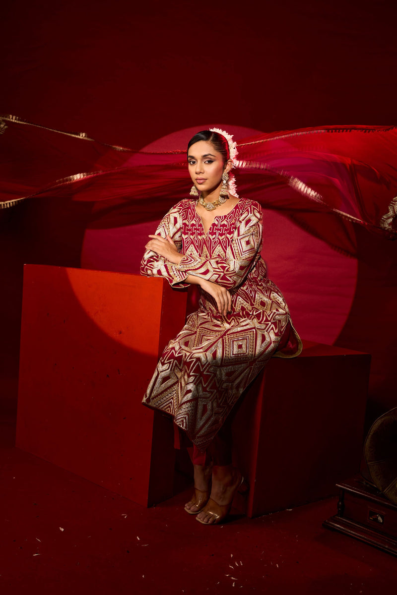 Tasuvure X MW  Gulnaaz Gota Kurta Set - Red