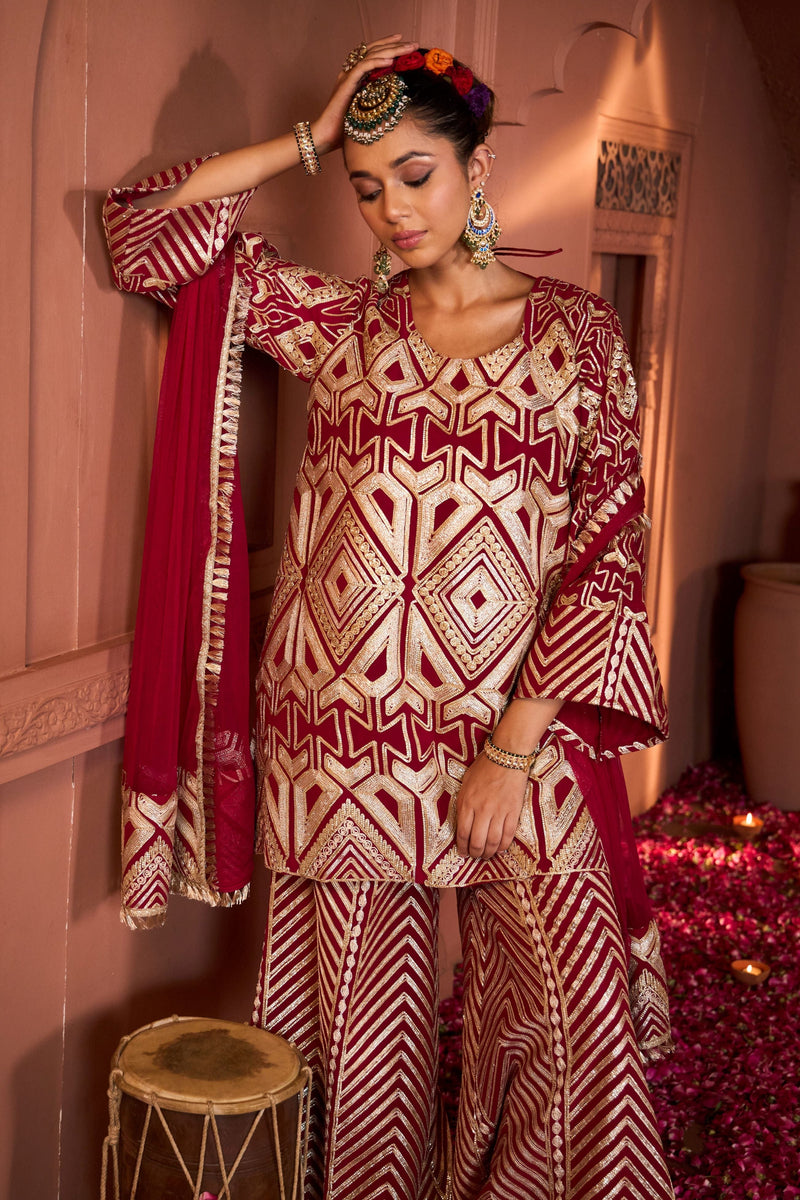Tasuvure X MW  Gulnaaz Gota Sharara Set - Red
