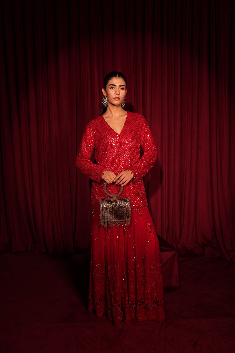 Tasuvure X MW  Inaari Red Embroidered Sharara Set