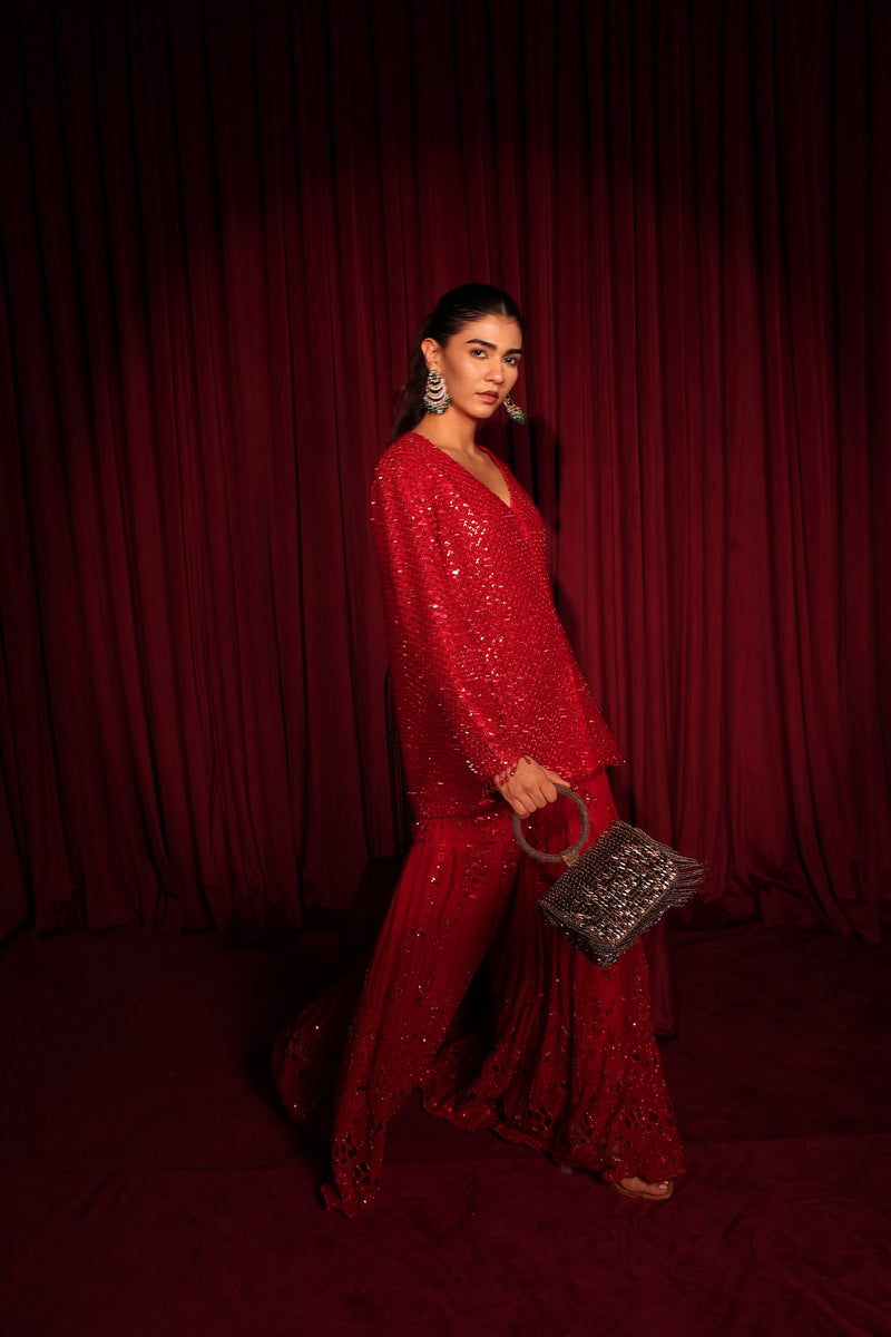 Tasuvure X MW  Inaari Red Embroidered Sharara Set