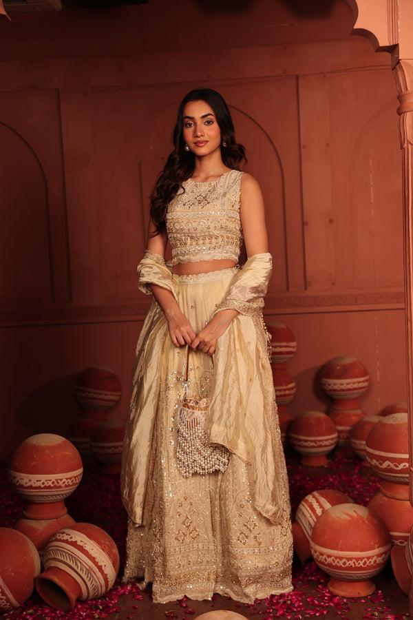 Tasuvure X MW  Inaaya Cutdana Embroidered Lehenga Set with Dupatta - Ivory