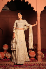 Tasuvure X MW  Inaaya Cutdana Embroidered Lehenga Set with Sleeves and Dupatta - Ivory