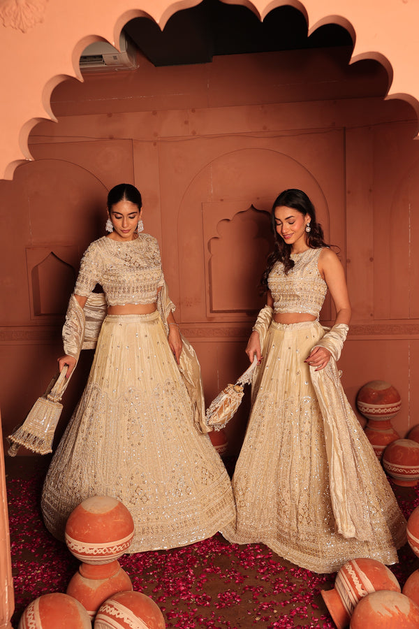 Tasuvure X MW  Inaaya Cutdana Embroidered Lehenga Set with Sleeves and Dupatta - Ivory