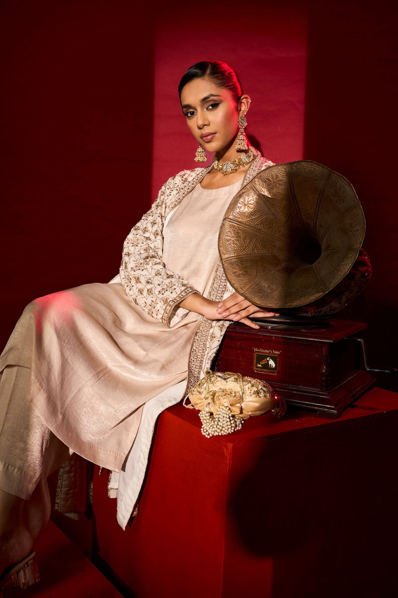Tasuvure X MW  Inaaya Embroidered Long Jacket With Pant - Nude