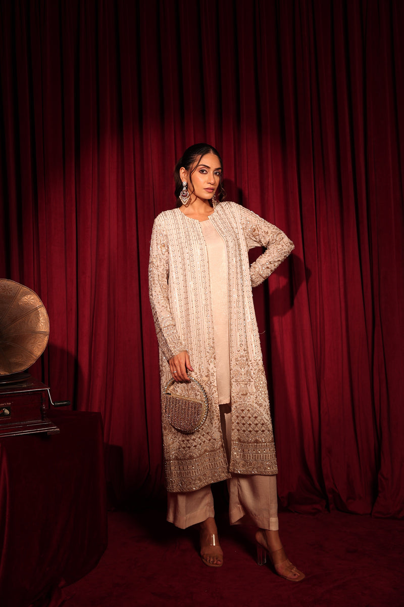 Tasuvure X MW Inaaya Embroidered Long Jacket With Pant - Nude