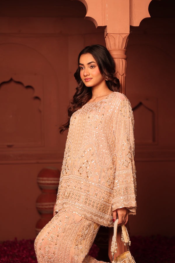 Tasuvure X MW  Inaaya Embroidered Sharara Set - Powder Pink