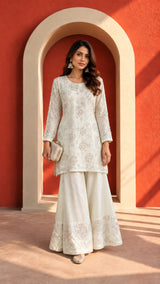 Tasuvure X MW Inaayat Embroidered Sharara Set- Cream & Pink