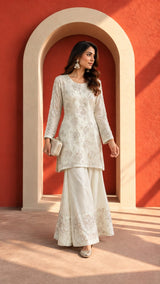 Tasuvure X MW Inaayat Embroidered Sharara Set- Cream & Pink