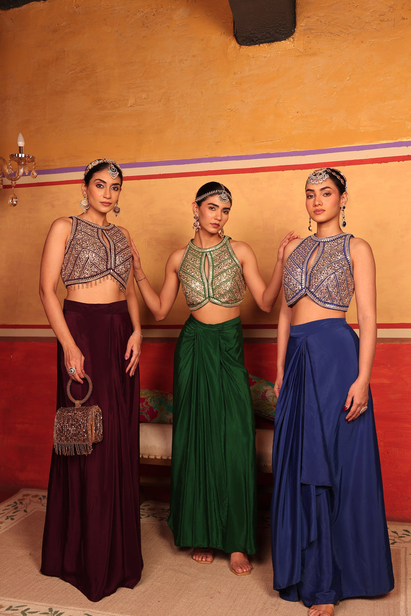 Tasuvure X MW indian / fusion wear Dua Embroidered Blouse With Dhoti Skirt - Blue