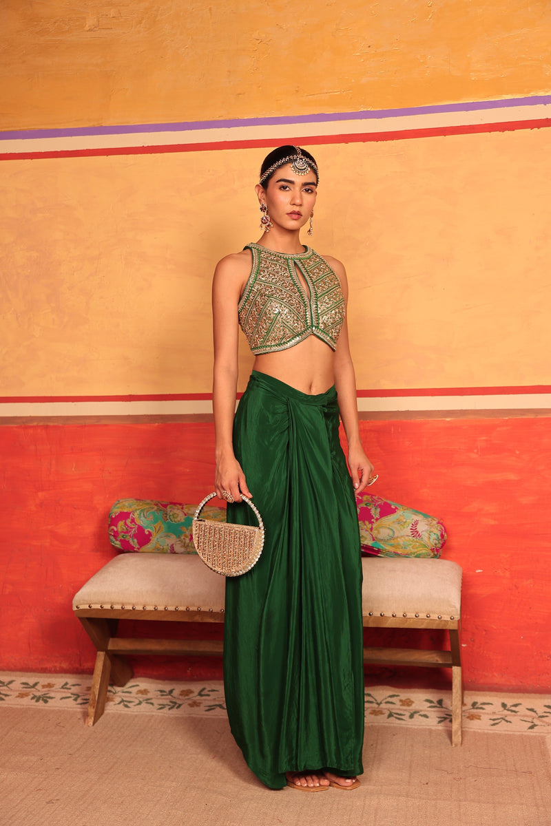 Tasuvure X MW  indian / fusion wear Dua Embroidered Blouse with Dhoti Skirt - Green