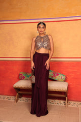 Tasuvure X MW indian / fusion wear Dua Embroidered Blouse With Dhoti Skirt - Wine