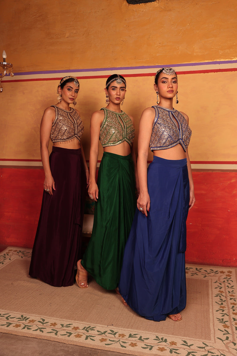 Tasuvure X MW indian / fusion wear Dua Embroidered Blouse With Dhoti Skirt - Wine