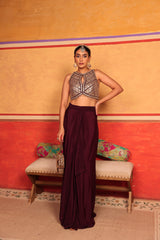 Tasuvure X MW indian / fusion wear Dua Embroidered Blouse With Dhoti Skirt - Wine