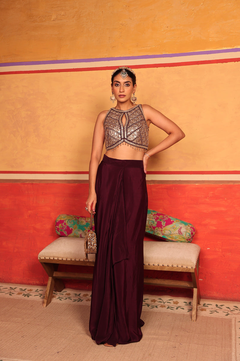 Tasuvure X MW indian / fusion wear Dua Embroidered Blouse With Dhoti Skirt - Wine