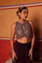 Tasuvure X MW indian / fusion wear Dua Embroidered Blouse With Dhoti Skirt - Wine