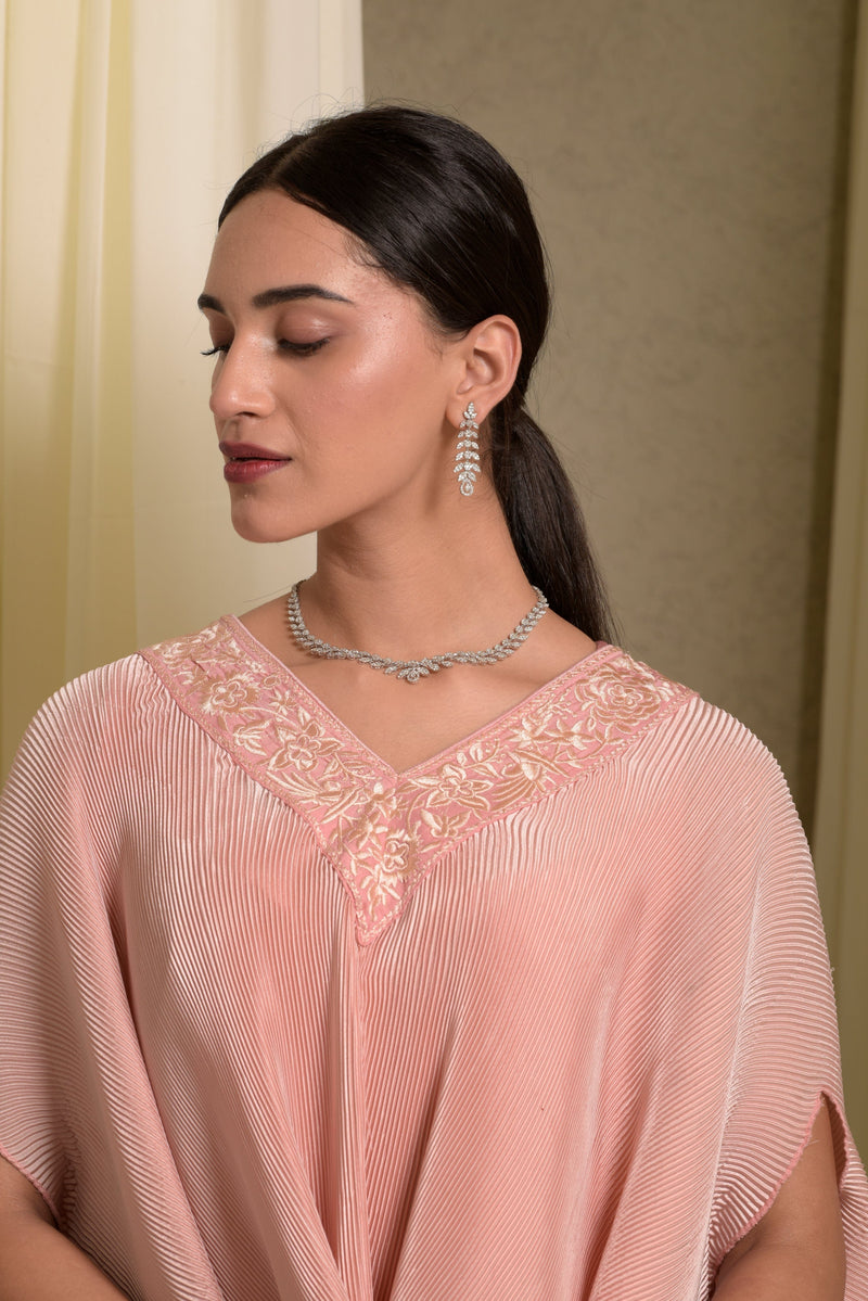 Tasuvure X MW  indian / fusion wear Reyna Gara Glazed Embroidered Pleated V- Neck Cape Coordinated with Straight Pants - Pastel Pink