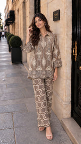 Tasuvure X MW LACE EMBROIDERED KURTA SET- BROWN