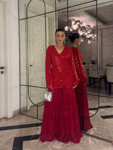 Tasuvure X MW Mehak Jain in Inaari Red Embroidered Sharara Set