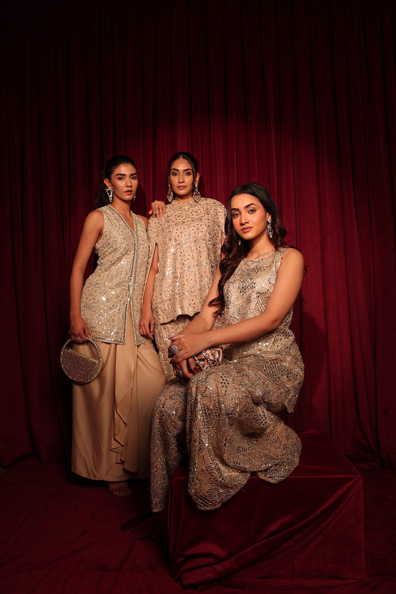 Tasuvure X MW Mirror work sharara set - Golden