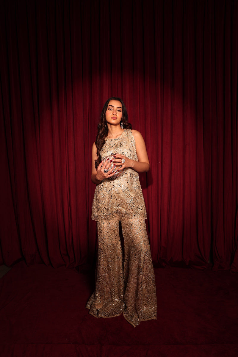 Tasuvure X MW Mirror work sharara set - Golden