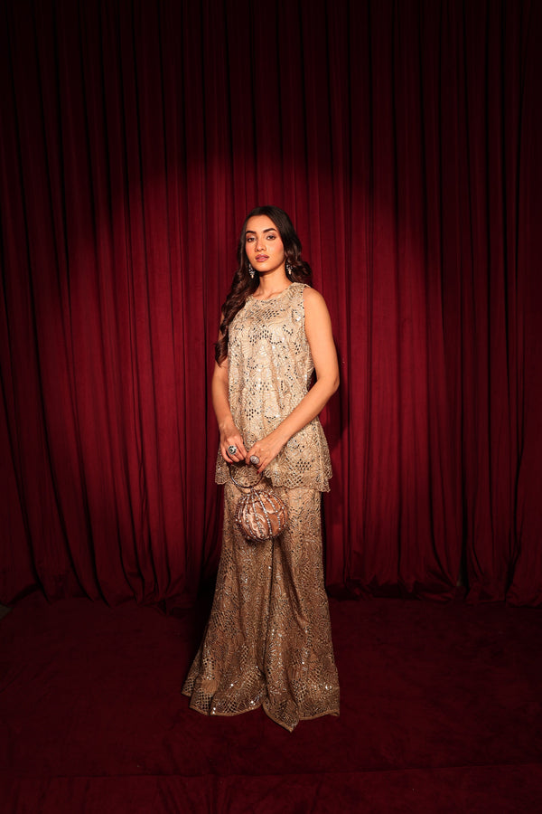 Tasuvure X MW Mirror work sharara set - Golden