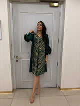 Tasuvure X MW  Patricia Flower up Sleeve Metallic Dress - Green