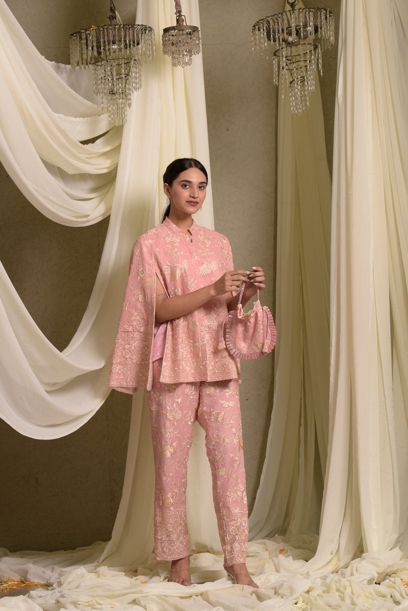 Tasuvure X MW  Reyna Gara Glazed Cape Jacket With Coordinated Pants- Blush Pink