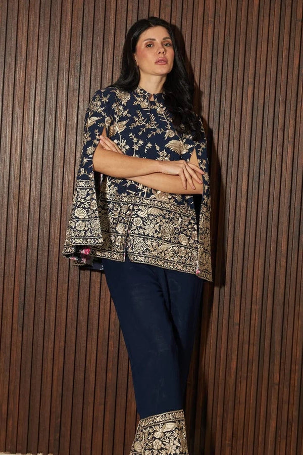 Tasuvure X MW  Reyna Gara Glazed Cape Jacket With Coordinated Plain Pants- Blue