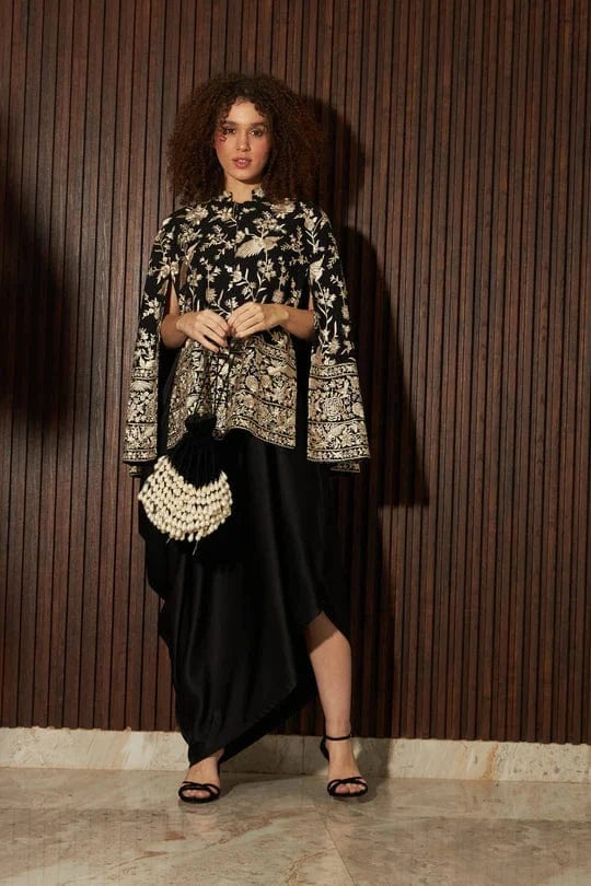 Tasuvure X MW  Reyna Gara Glazed Cape Jacket With Slip Easy Dress- Black