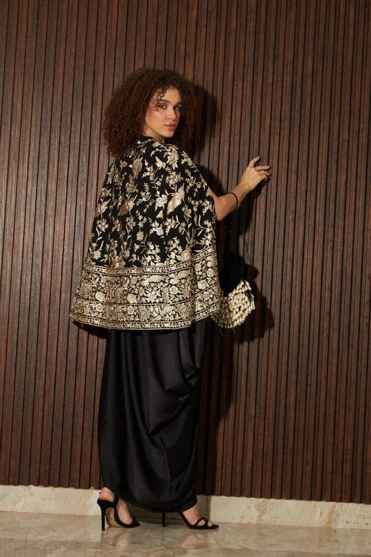 Tasuvure X MW  Reyna Gara Glazed Cape Jacket With Slip Easy Dress- Black