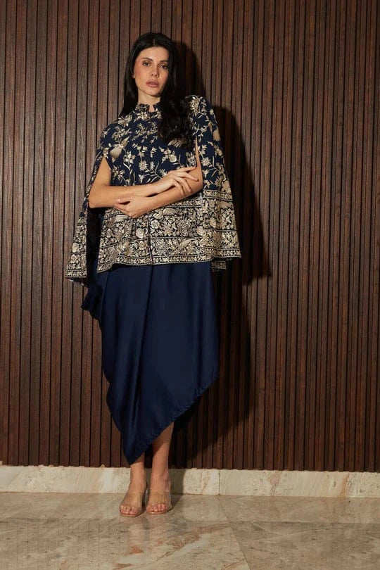 Tasuvure X MW  Reyna Gara Glazed Cape Jacket With Slip Easy Dress- Blue