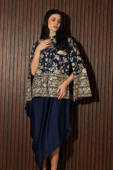 Tasuvure X MW  Reyna Gara Glazed Cape Jacket With Slip Easy Dress- Blue