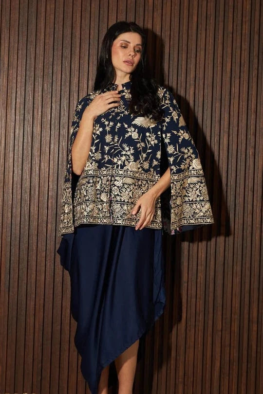 Tasuvure X MW  Reyna Gara Glazed Cape Jacket With Slip Easy Dress- Blue