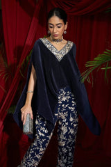 Tasuvure X MW  Reyna Gara Glazed Embroidered Pleated V- Neck Cape Coordinated with Straight Pants - Navy Blue